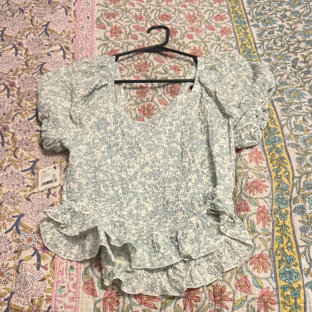 Free People Floral Puff Sleeve Blouse - Light Blue - Picture 3 of 4
